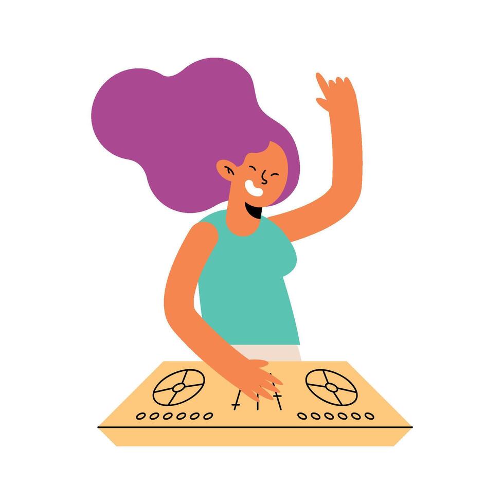 A woman is playing a dj table with her hands up vector