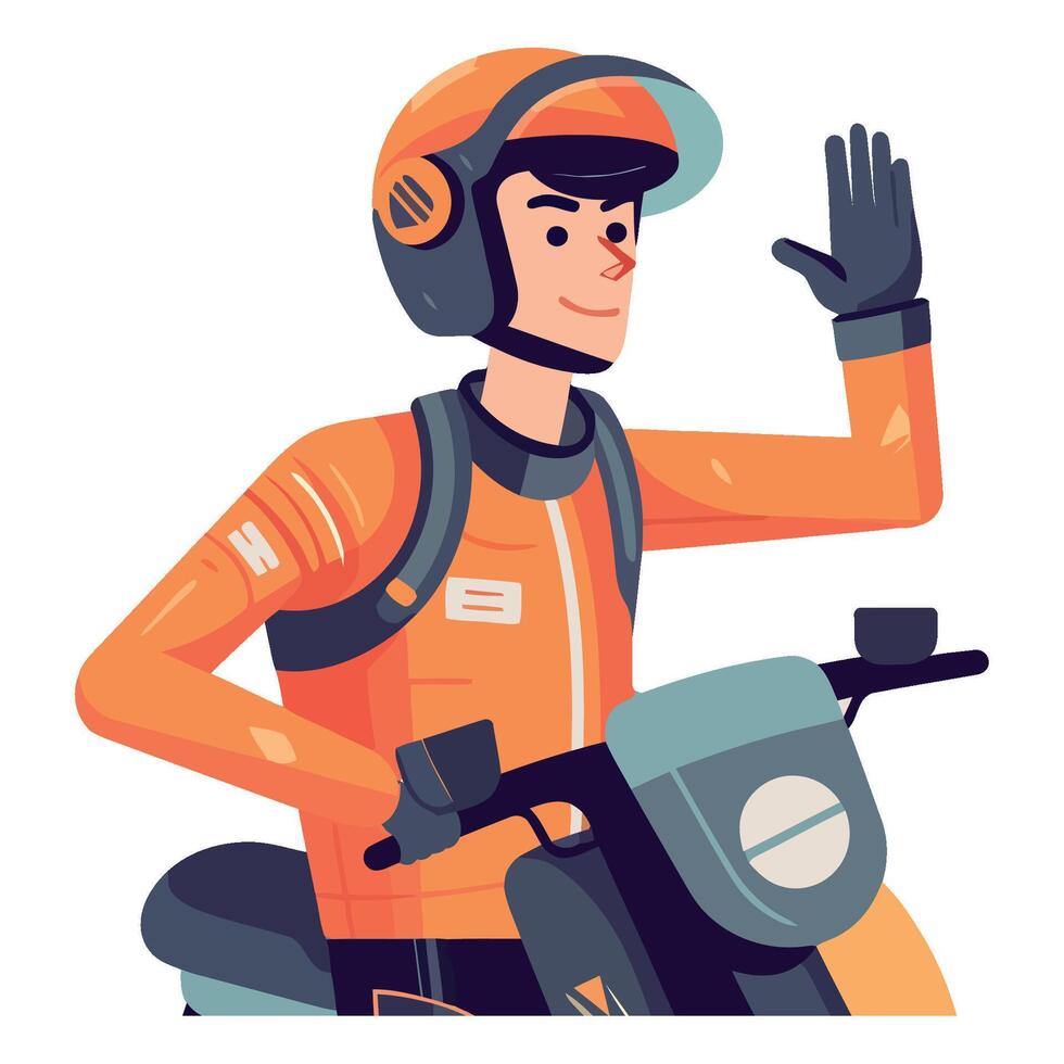 A man in an orange helmet is riding a motorcycle vector