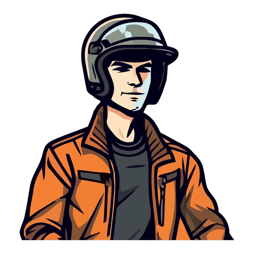 Motorcycle rider in orange jacket and helmet vector