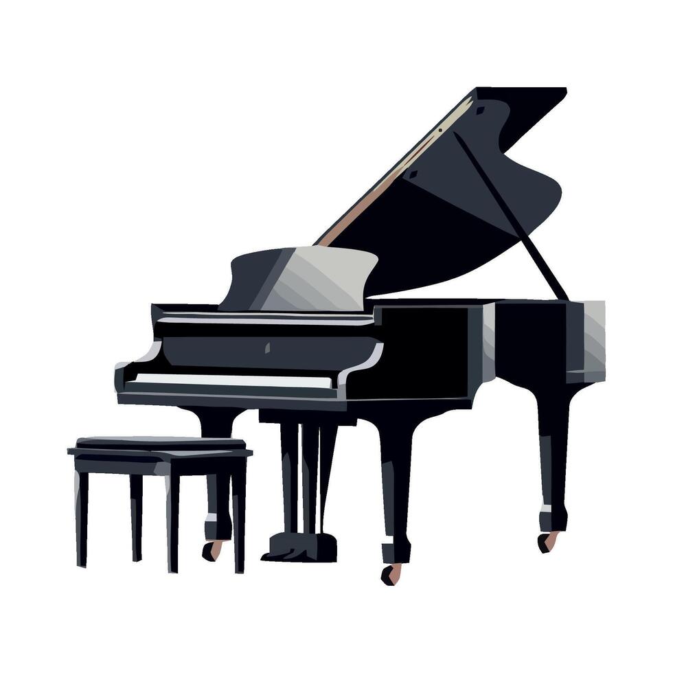 A black grand piano and stool on a white background vector