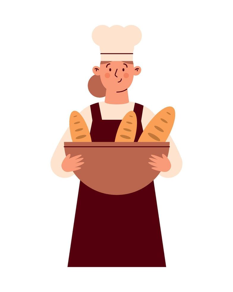 A woman in an apron holding bread in a bowl vector