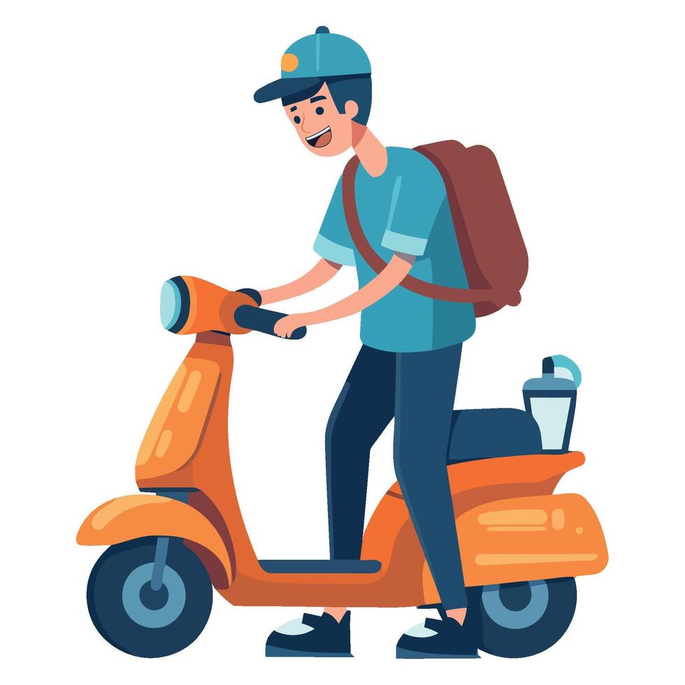 A man riding a scooter with a bag on the back vector