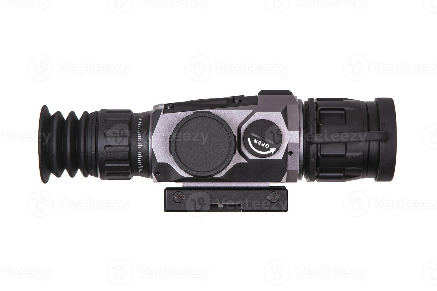 modern black optical scope for weapon isolated on whited. sight scope isolated on white back. photo
