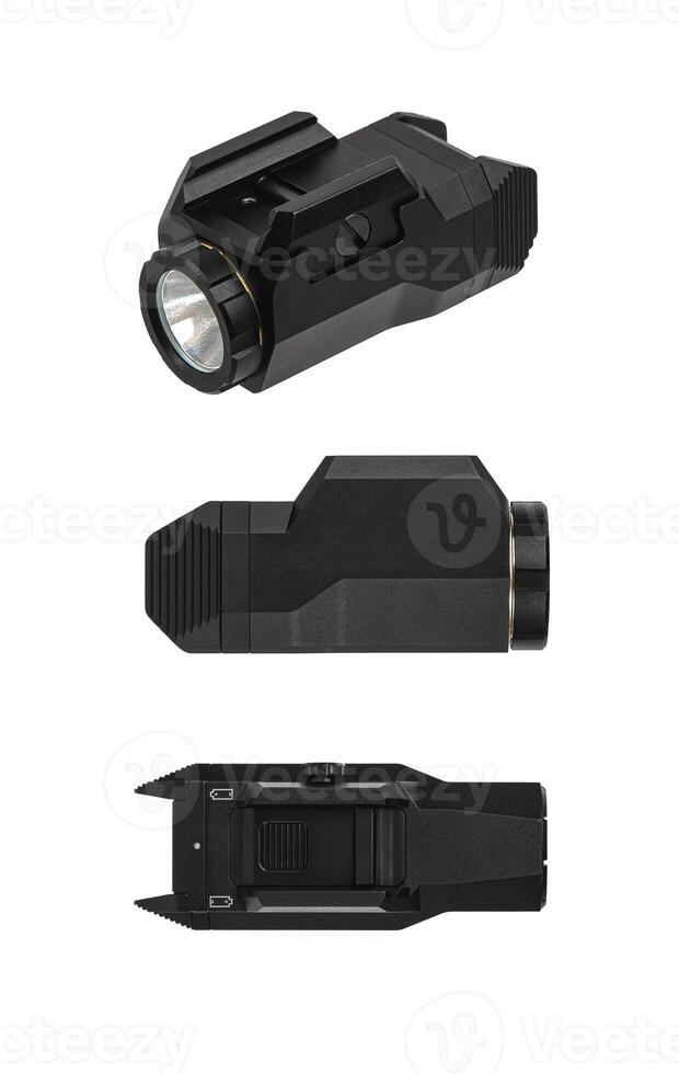 Modern LED flashlight with weapon mount. Underbarrel tactical flashlight isolate on white back. photo