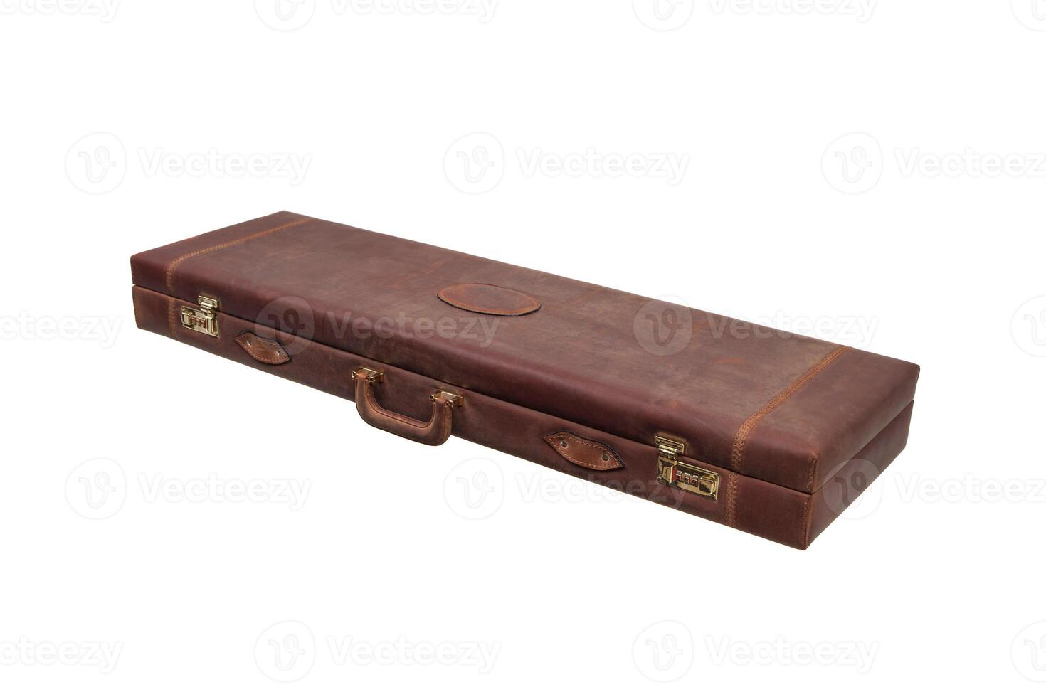 luxury brown leather case with gold-plated combination locks for arms isolated on white photo