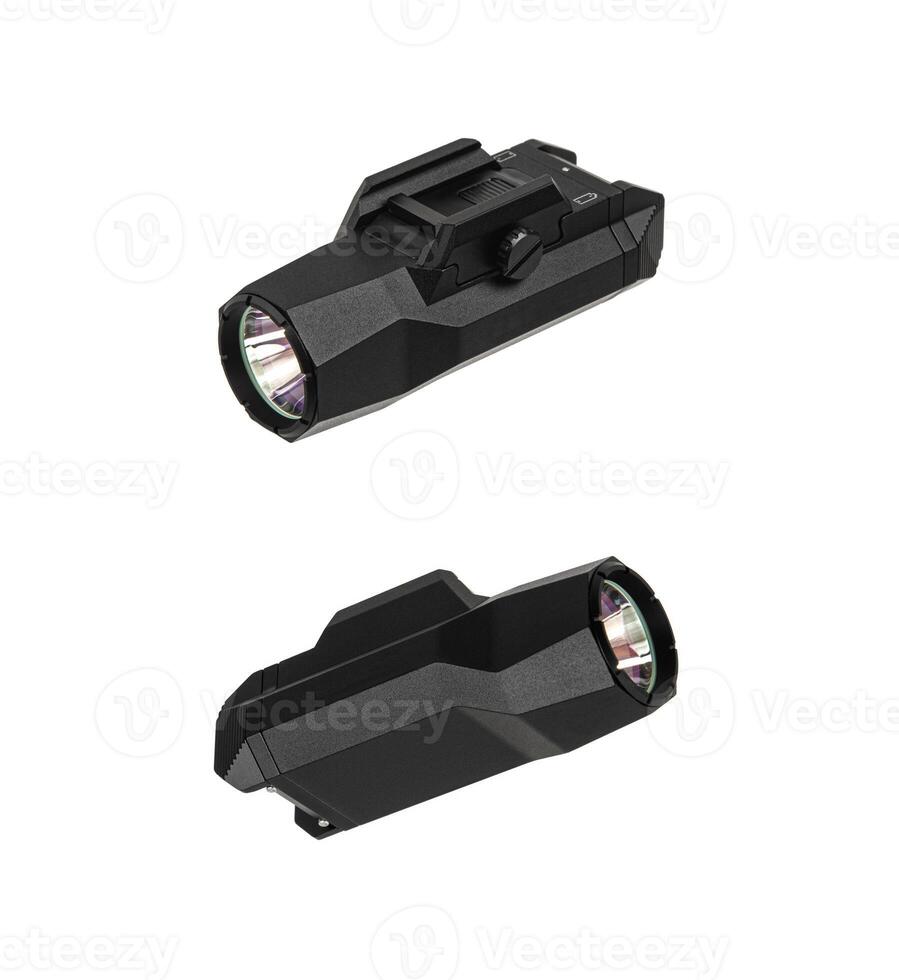 Modern LED flashlight with weapon mount. Underbarrel tactical flashlight isolate on white back. photo