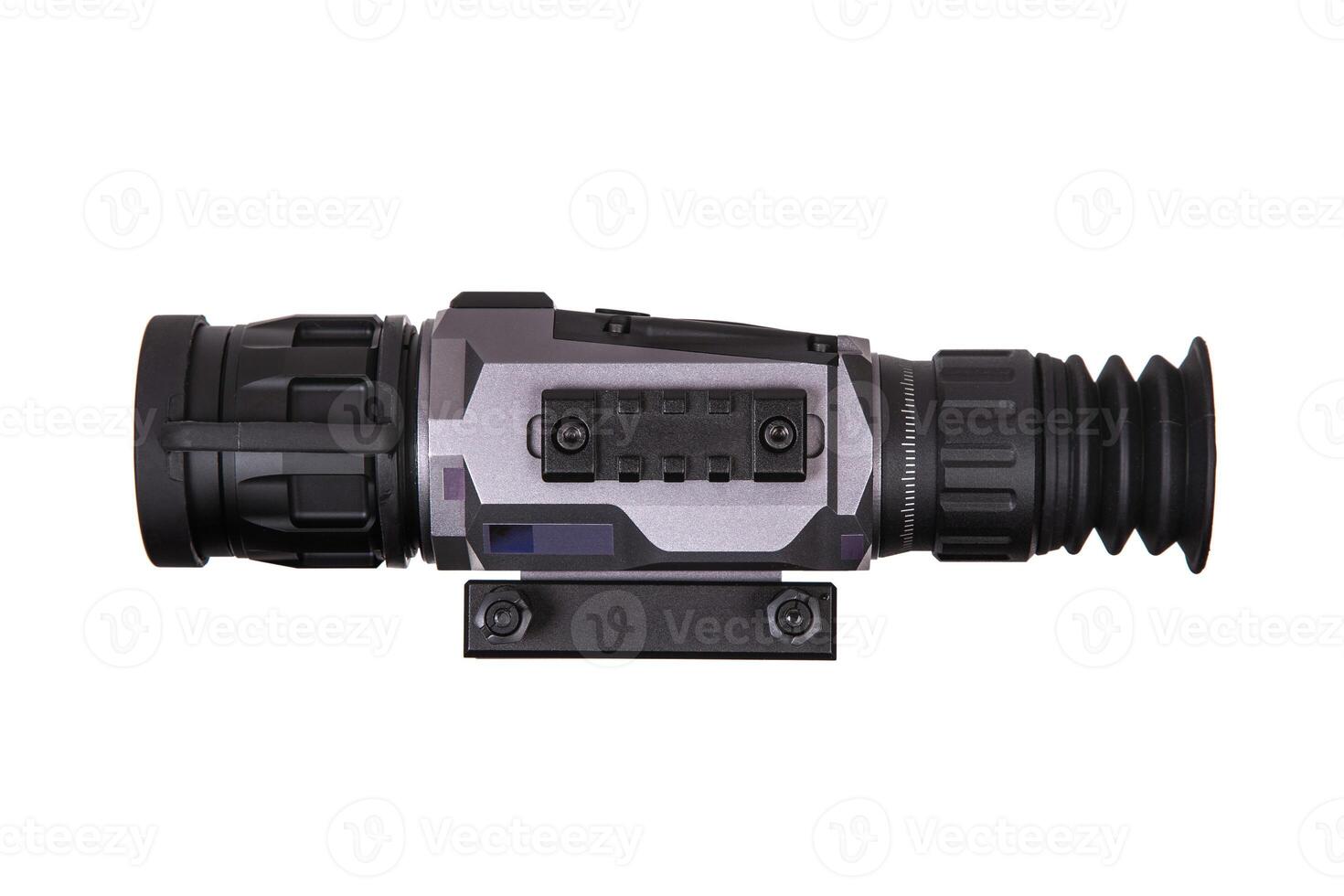 modern black optical scope for weapon isolated on whited. sight scope isolated on white back. photo