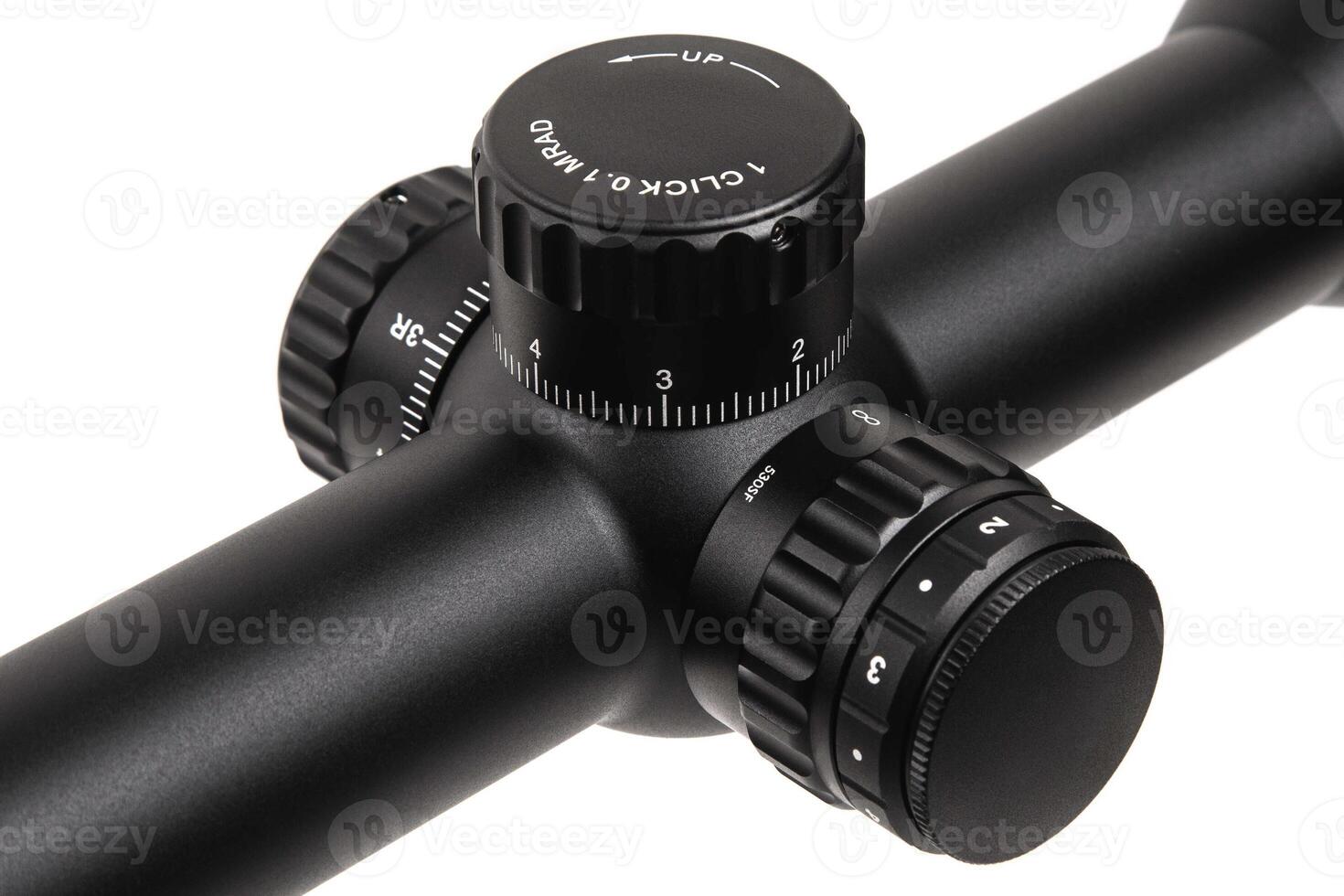 Modern black optical sight. Optical device for aiming at long distances. Isolate on a white back photo