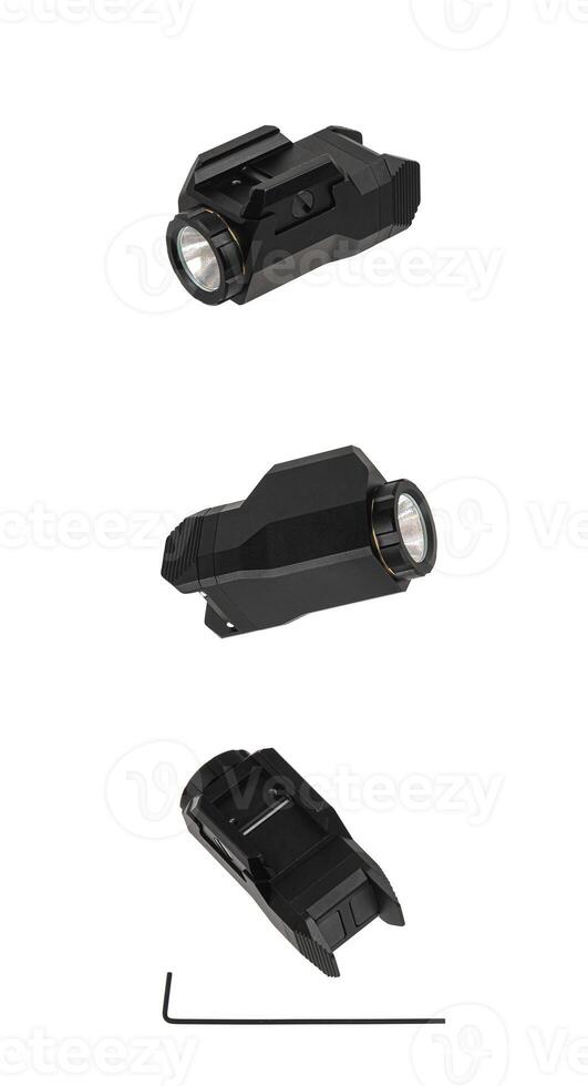 Modern LED flashlight with weapon mount. Underbarrel tactical flashlight isolate on white back. photo