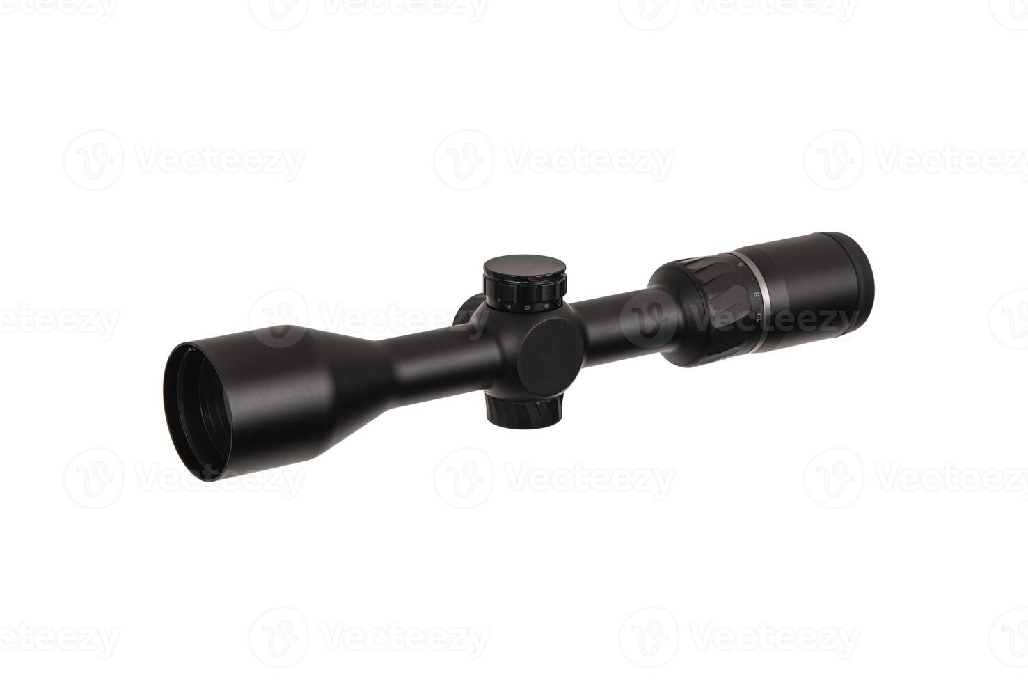 modern black optical scope for weapon isolated on whited. sight scope isolated on white back. photo