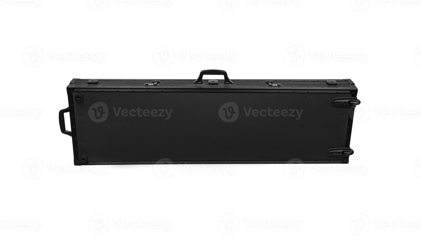 Large modern black case for storing and transporting weapons. Suitcase on wheels with soft foam inside for safe transportation of weapons. Metal container for shotguns, rifles and shotguns. photo