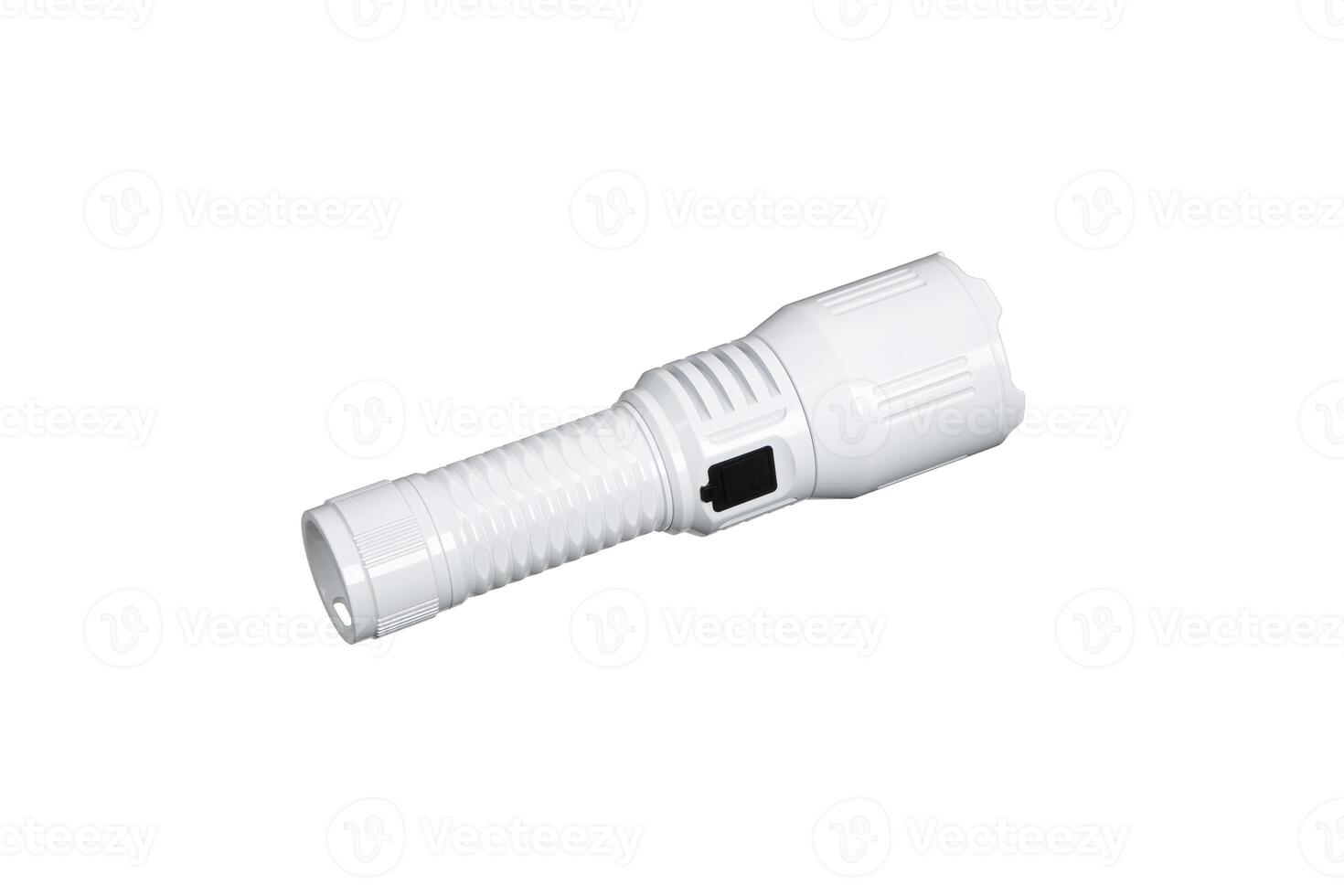 Modern metal LED flashlight in white color. Portable flashlight isolate on a white back photo