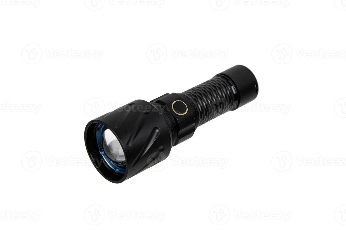 Modern metal LED flashlight in black color. Portable flashlight isolate on a white back photo