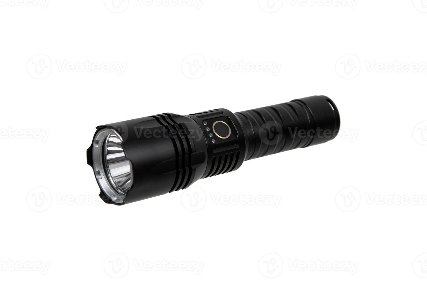 Modern metal LED flashlight in black color. Portable flashlight isolate on a white back photo