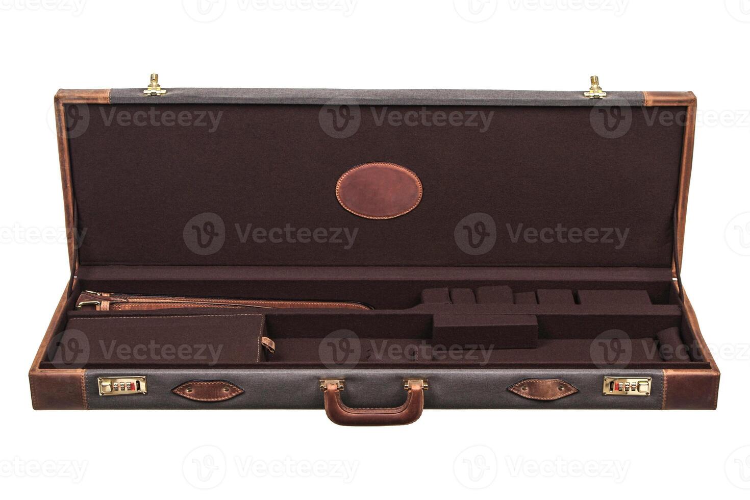 luxury brown leather case with gold-plated combination locks for arms isolated on white photo