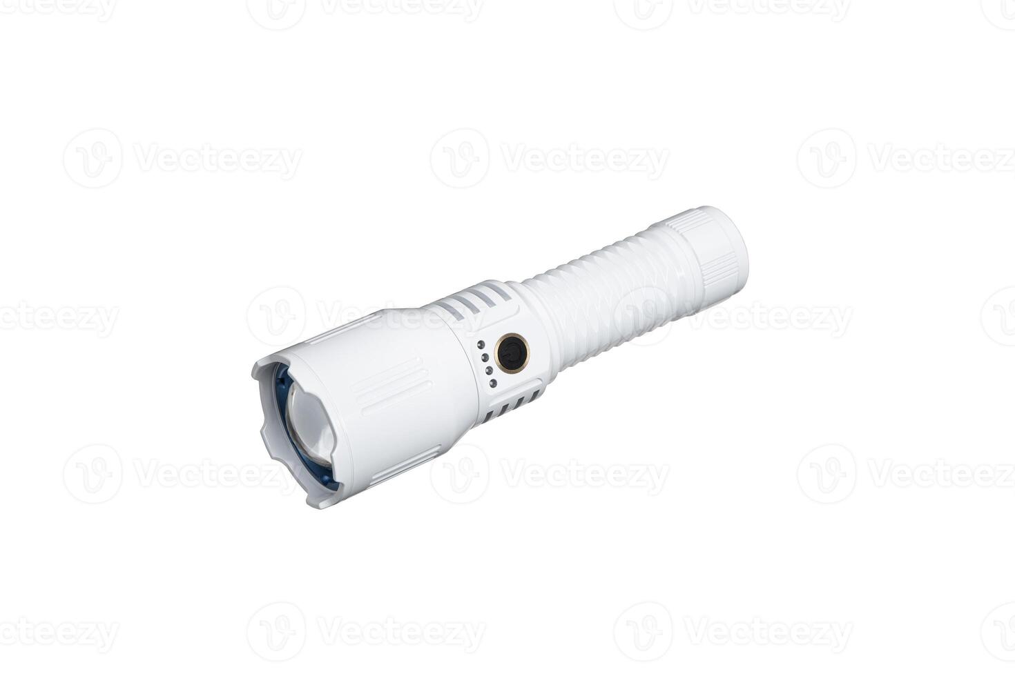 Modern metal LED flashlight in white color. Portable flashlight isolate on a white back photo