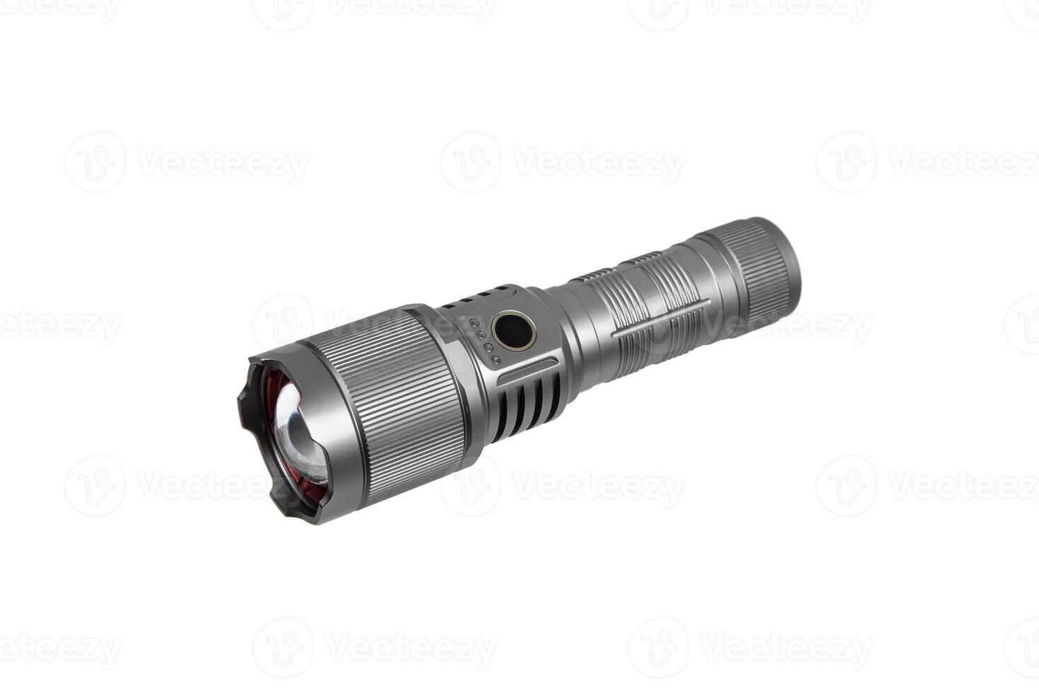 Modern metal LED flashlight in gray color. Portable flashlight isolate on a white back photo