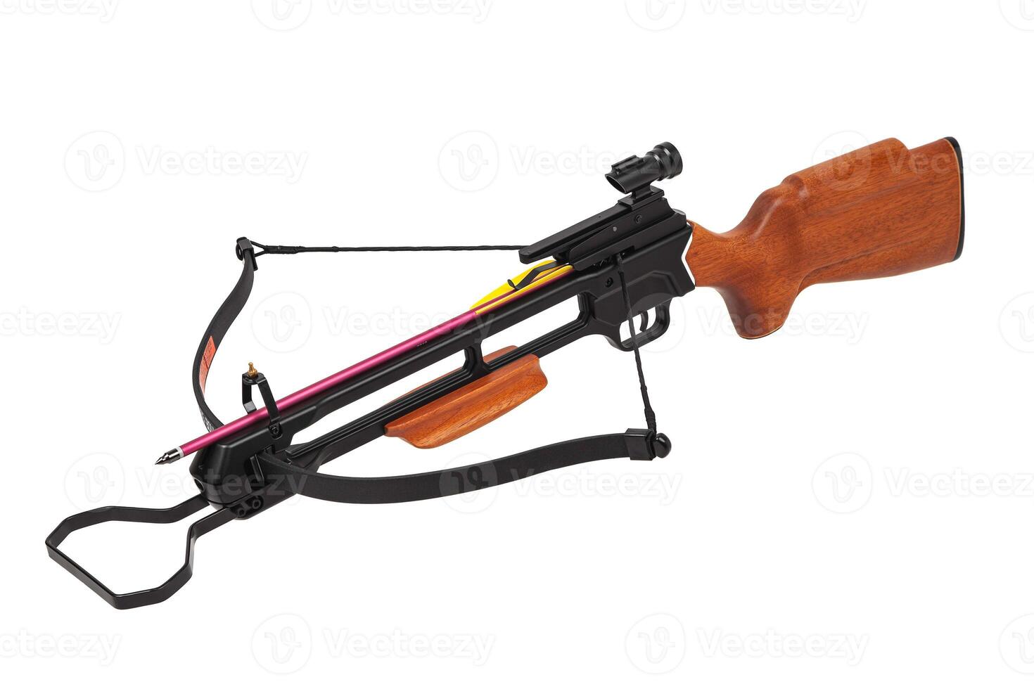 Modern crossbow with a wooden stock. Quiet weapon for hunting and sports. Isolate on a white back. photo