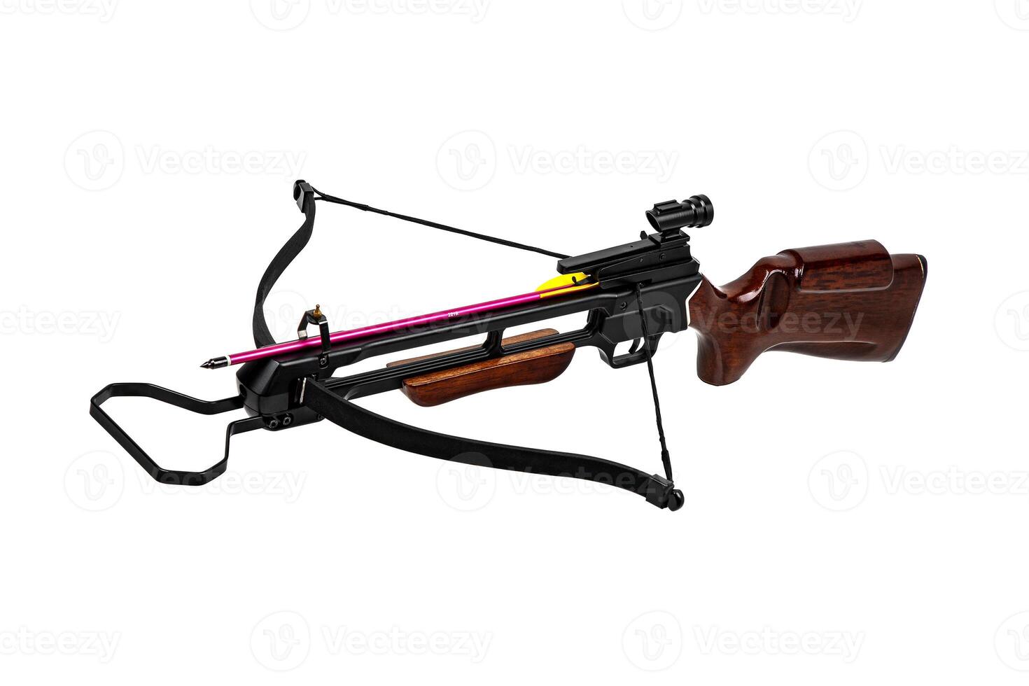 Crossbow isolate on white back. Modern crossbow with wooden butt. Quiet weapons for hunting and sports. photo