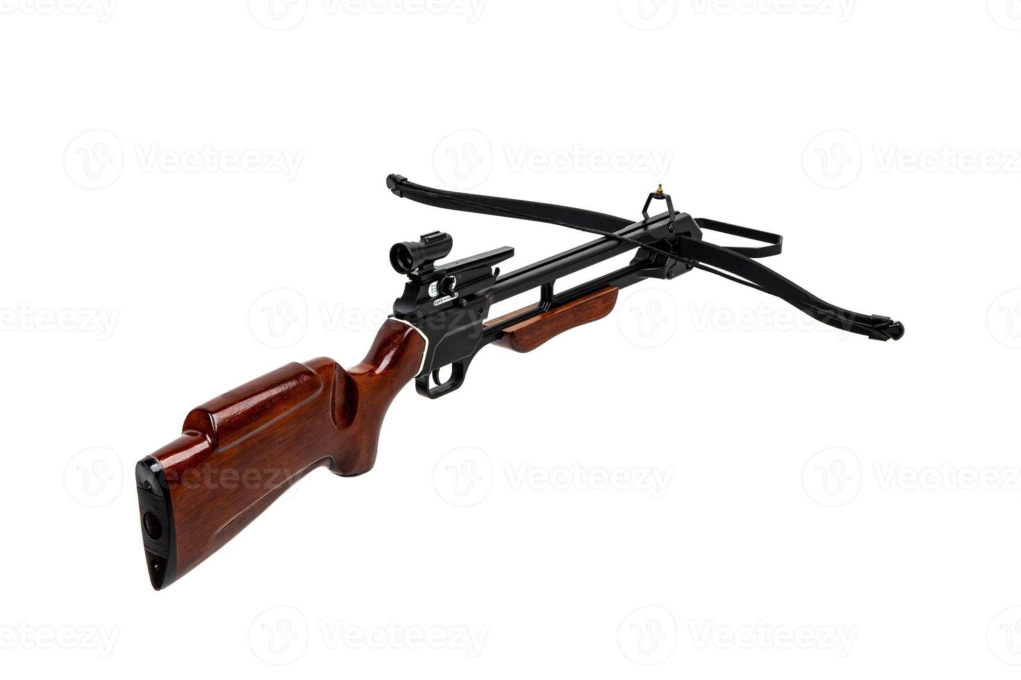Crossbow isolate on white back. Modern crossbow with wooden butt. Quiet weapons for hunting and sports. photo