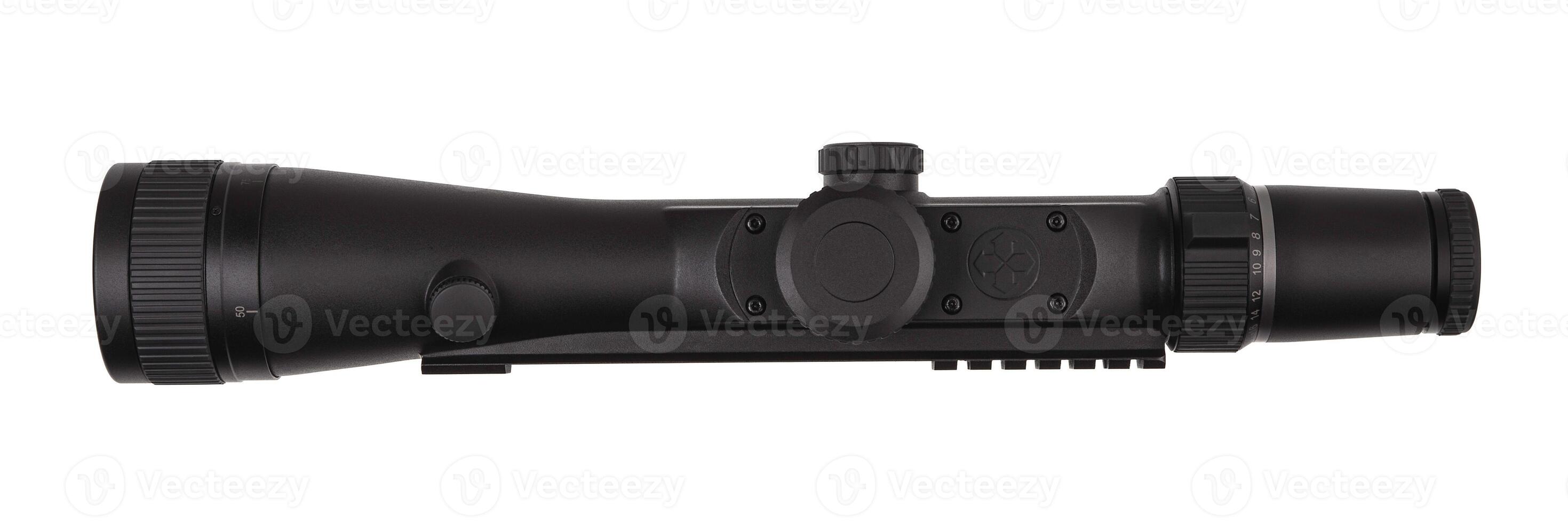 modern black optical scope for weapon isolated on whited. sight scope isolated on white back. photo