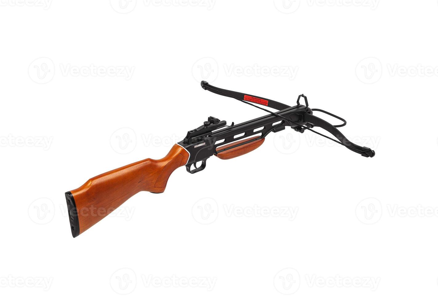 Modern crossbow with a wooden stock isolate on a white back. Quiet weapon for hunting and sports. photo