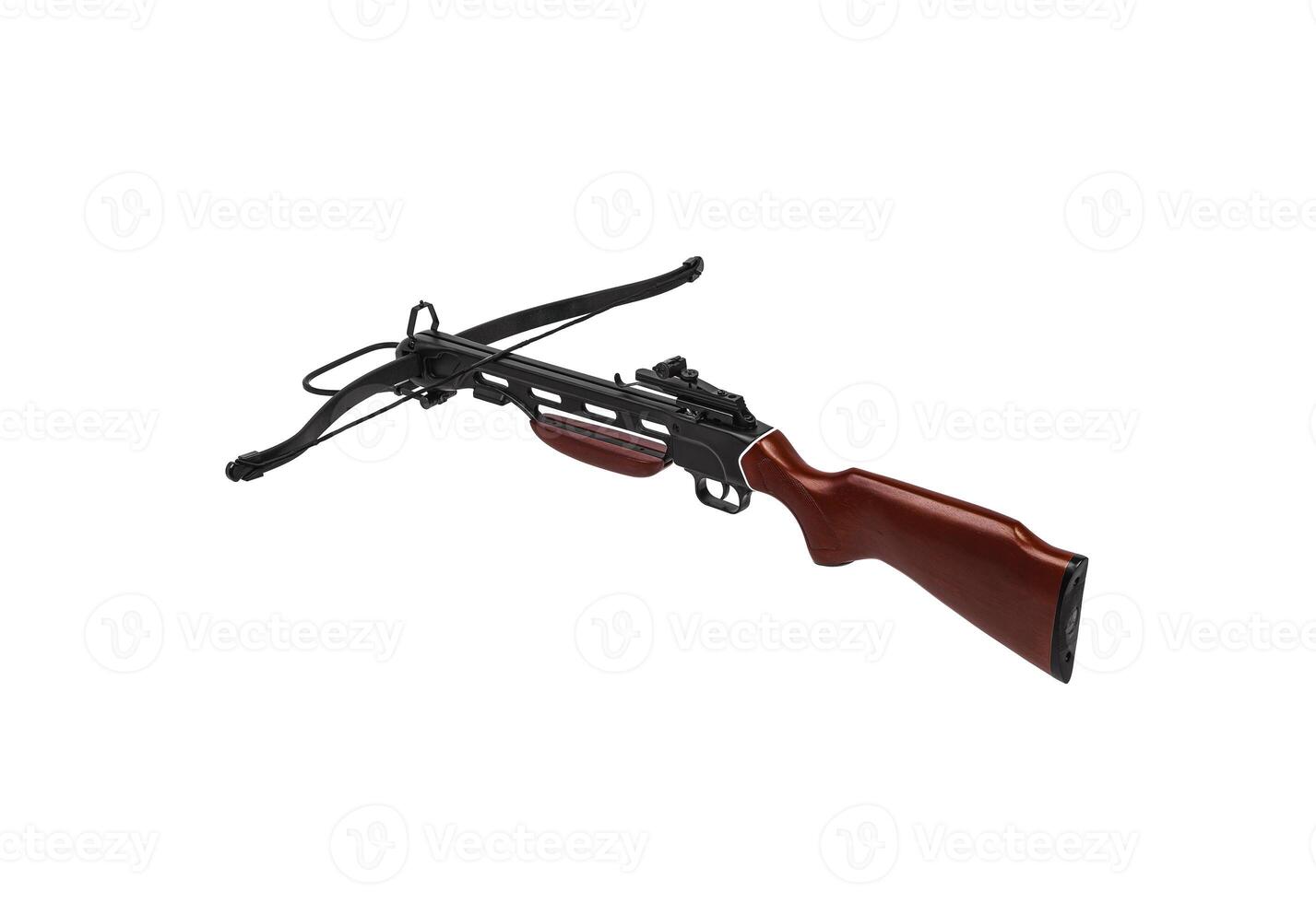 Modern crossbow with a wooden stock isolate on a white back. Quiet weapon for hunting and sports. photo