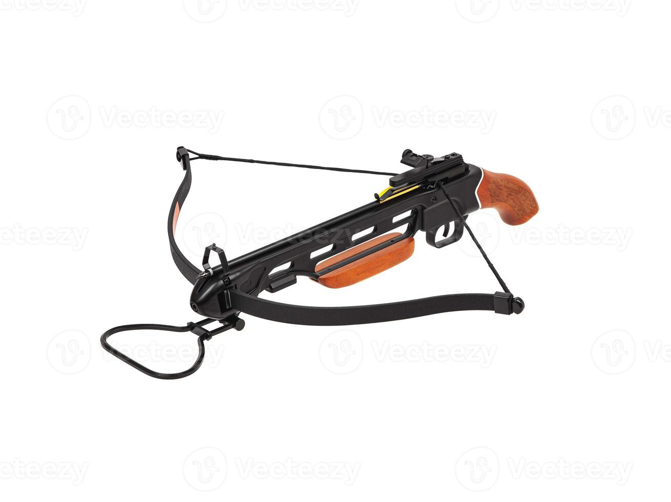Crossbow with a wooden handle and no butt isolate on a white back. Quiet weapon for hunting and sports. photo