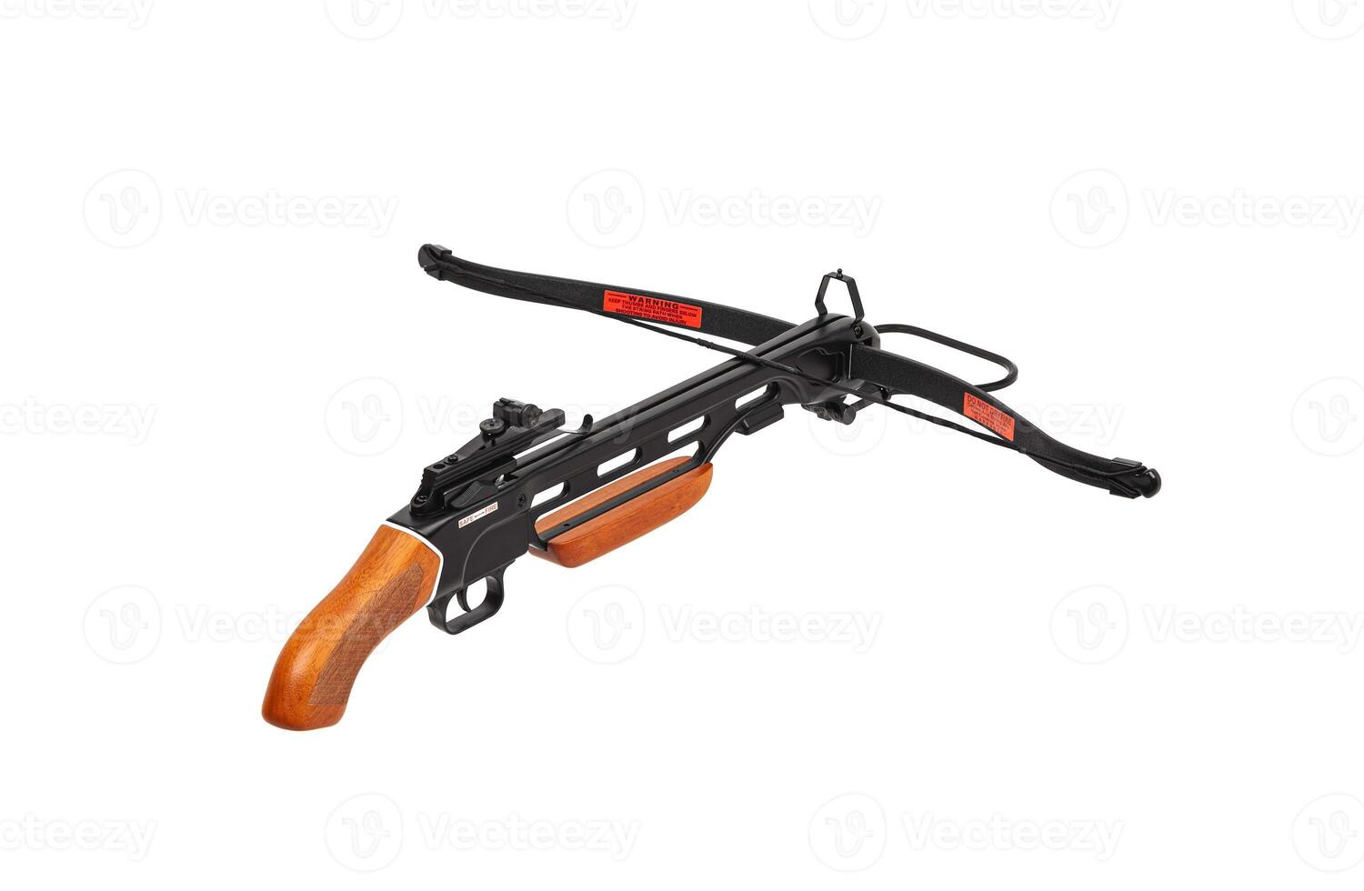 Crossbow with a wooden handle and no butt isolate on a white back. Quiet weapon for hunting and sports. photo