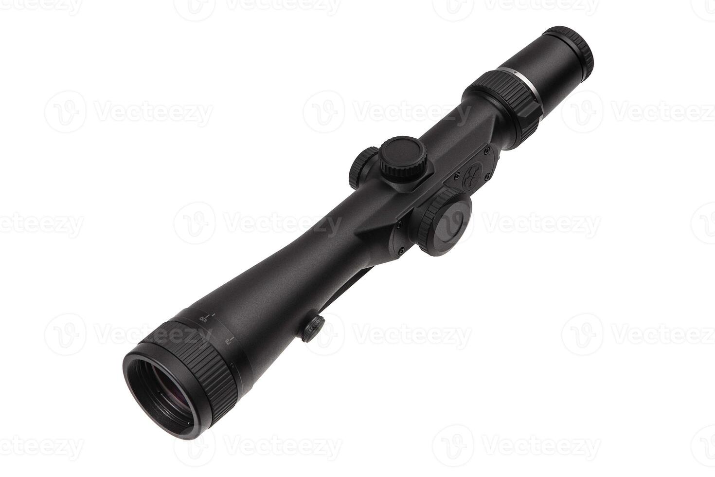 modern black optical scope for weapon isolated on whited. sight scope isolated on white back. photo