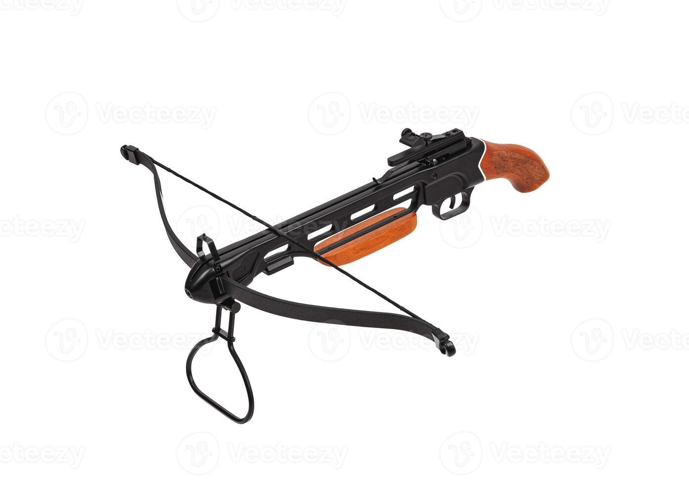 Crossbow with a wooden handle and no butt isolate on a white back. Quiet weapon for hunting and sports. photo