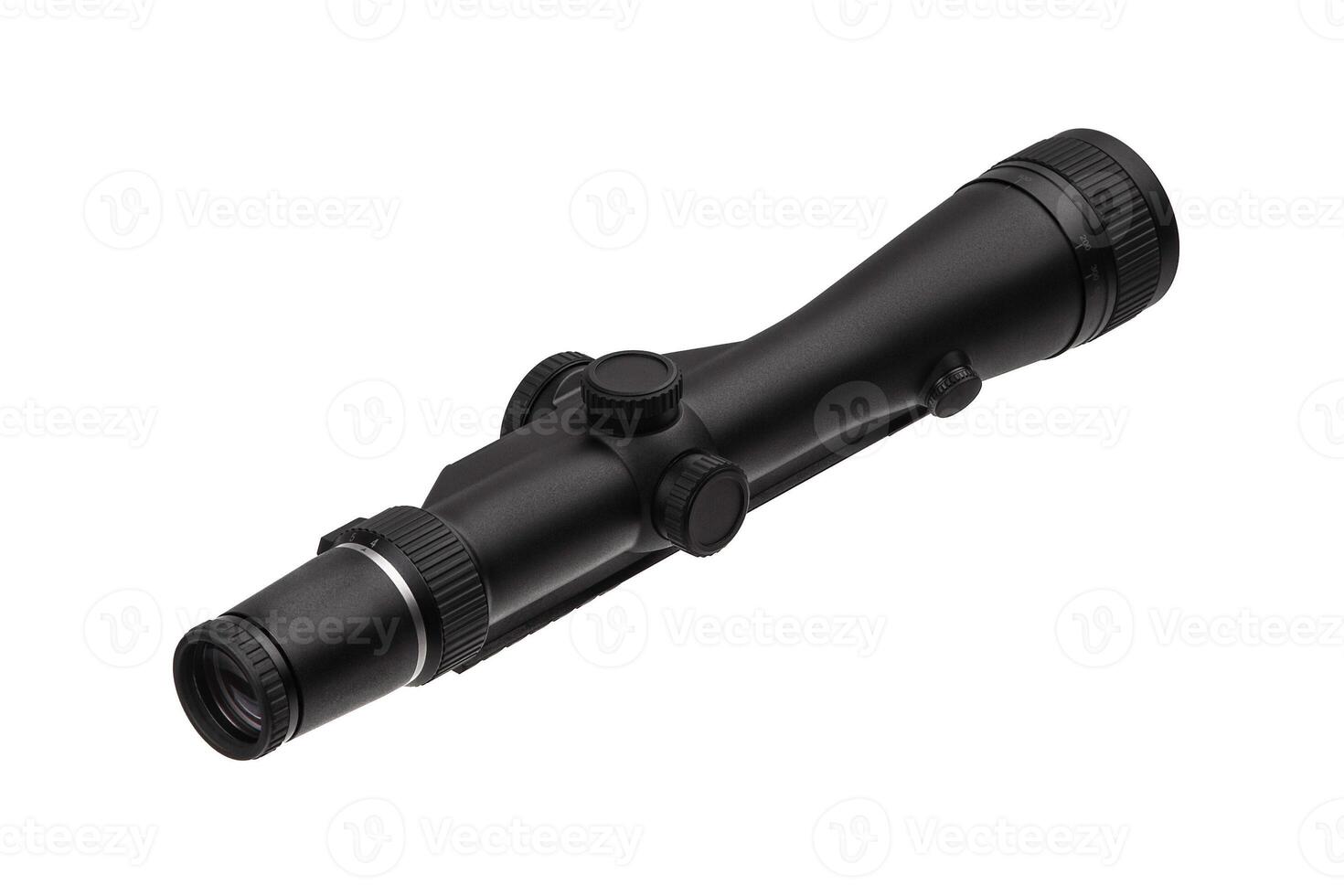 modern black optical scope for weapon isolated on whited. sight scope isolated on white back. photo