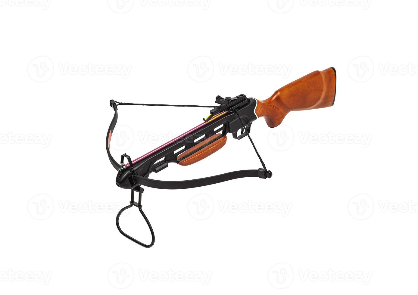 Modern crossbow with a wooden stock isolate on a white back. Quiet weapon for hunting and sports. photo