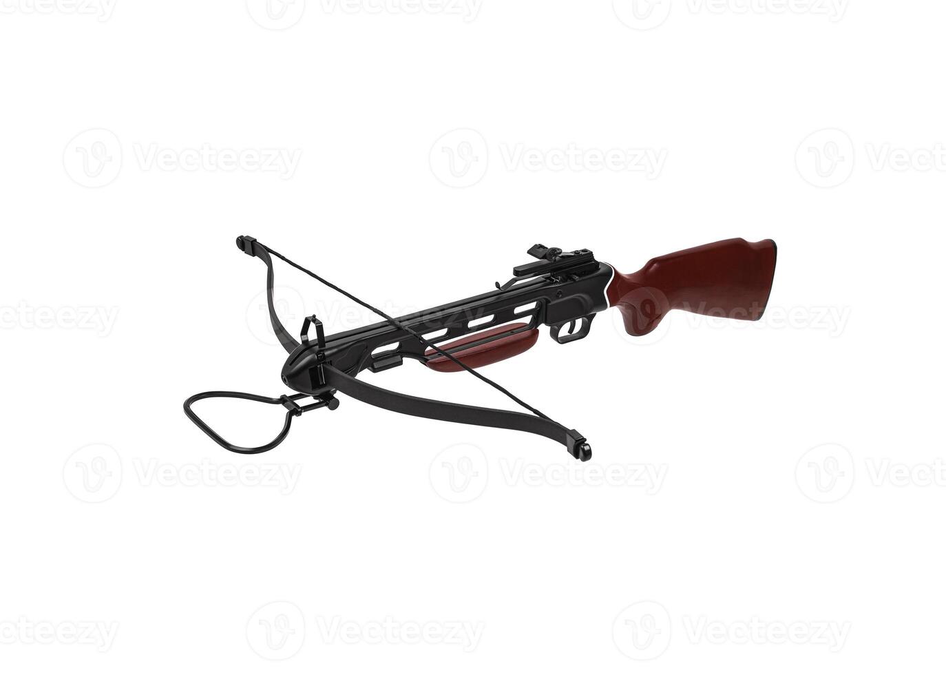 Modern crossbow with a wooden stock isolate on a white back. Quiet weapon for hunting and sports. photo