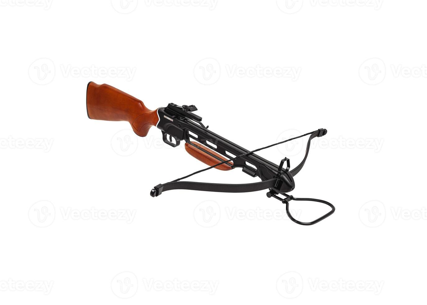 Modern crossbow with a wooden stock isolate on a white back. Quiet weapon for hunting and sports. photo