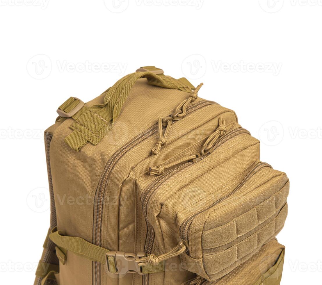 Modern tactical backpack with zippers and additional pockets. Large secure bag. Isolate on a white background. photo