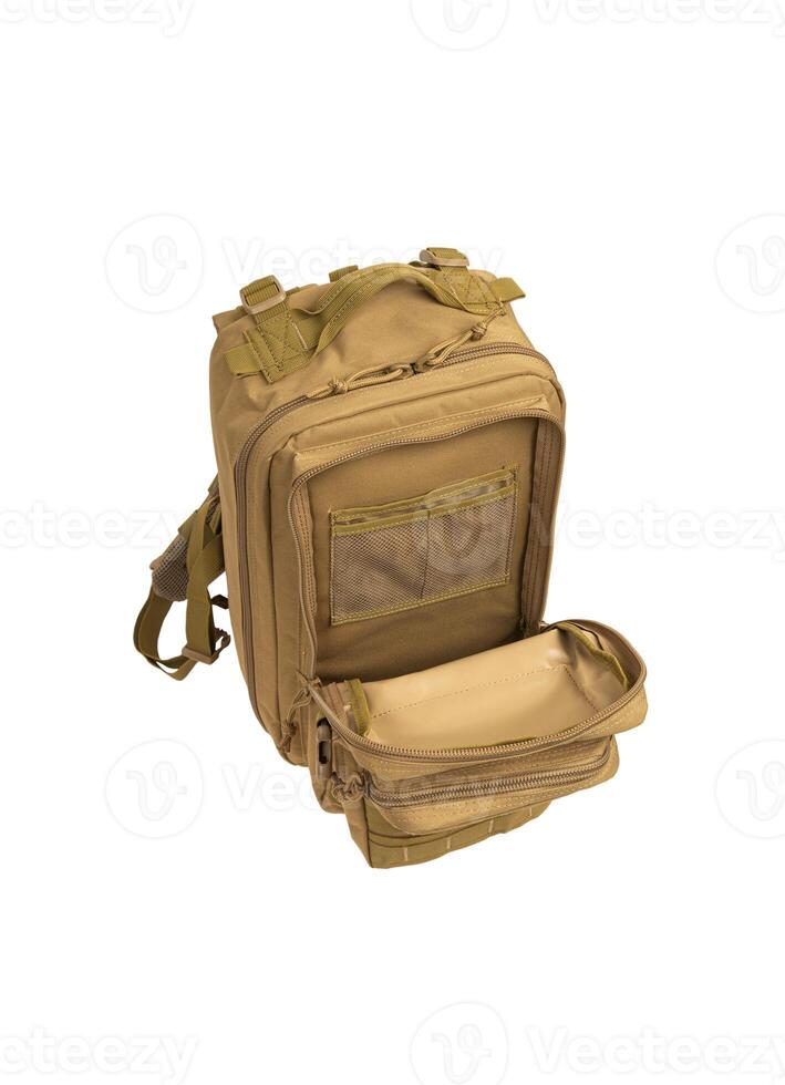 Modern tactical backpack with zippers and additional pockets. Large secure bag. Isolate on a white background. photo