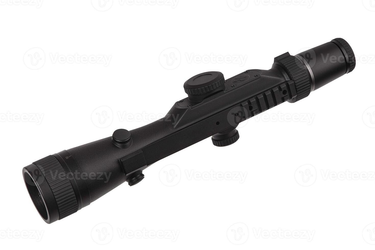 modern black optical scope for weapon isolated on whited. sight scope isolated on white back. photo