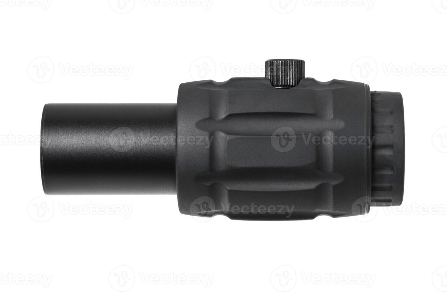 modern black optical scope for weapon isolated on whited. sight scope isolated on white back. photo