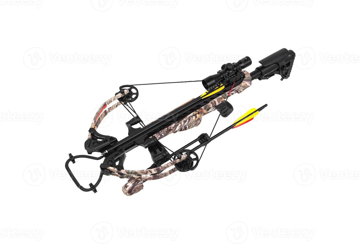 A modern crossbow with a telescopic sight. Silent weapon for hunting and sports isolate on white back. photo