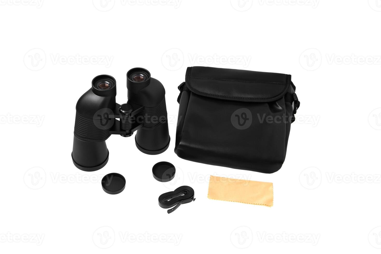 Modern binoculars isolated on white background. Black binoculars and a soft case to it on a light background. photo
