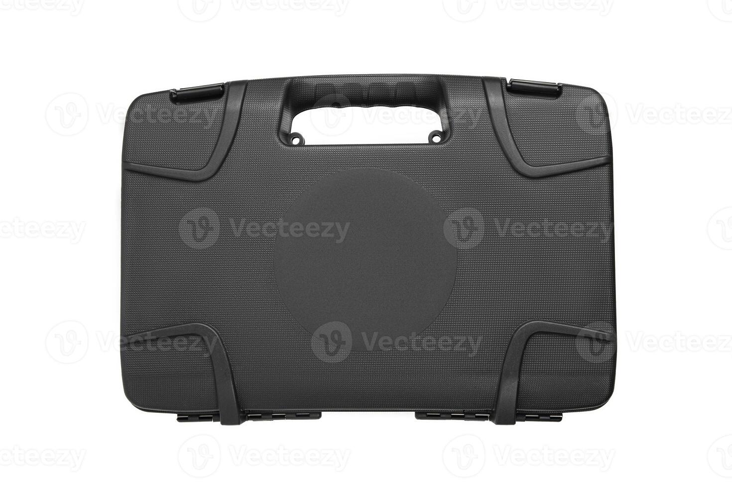 Dark grey plastic case with foam inside. A box for storing and transporting a pistol. Weapon case isolate on white back. photo