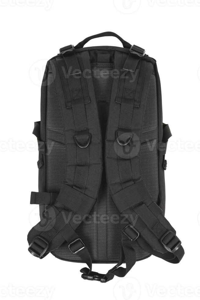 Modern tactical backpack with zippers and additional pockets. Large secure bag. Isolate on a white back. photo