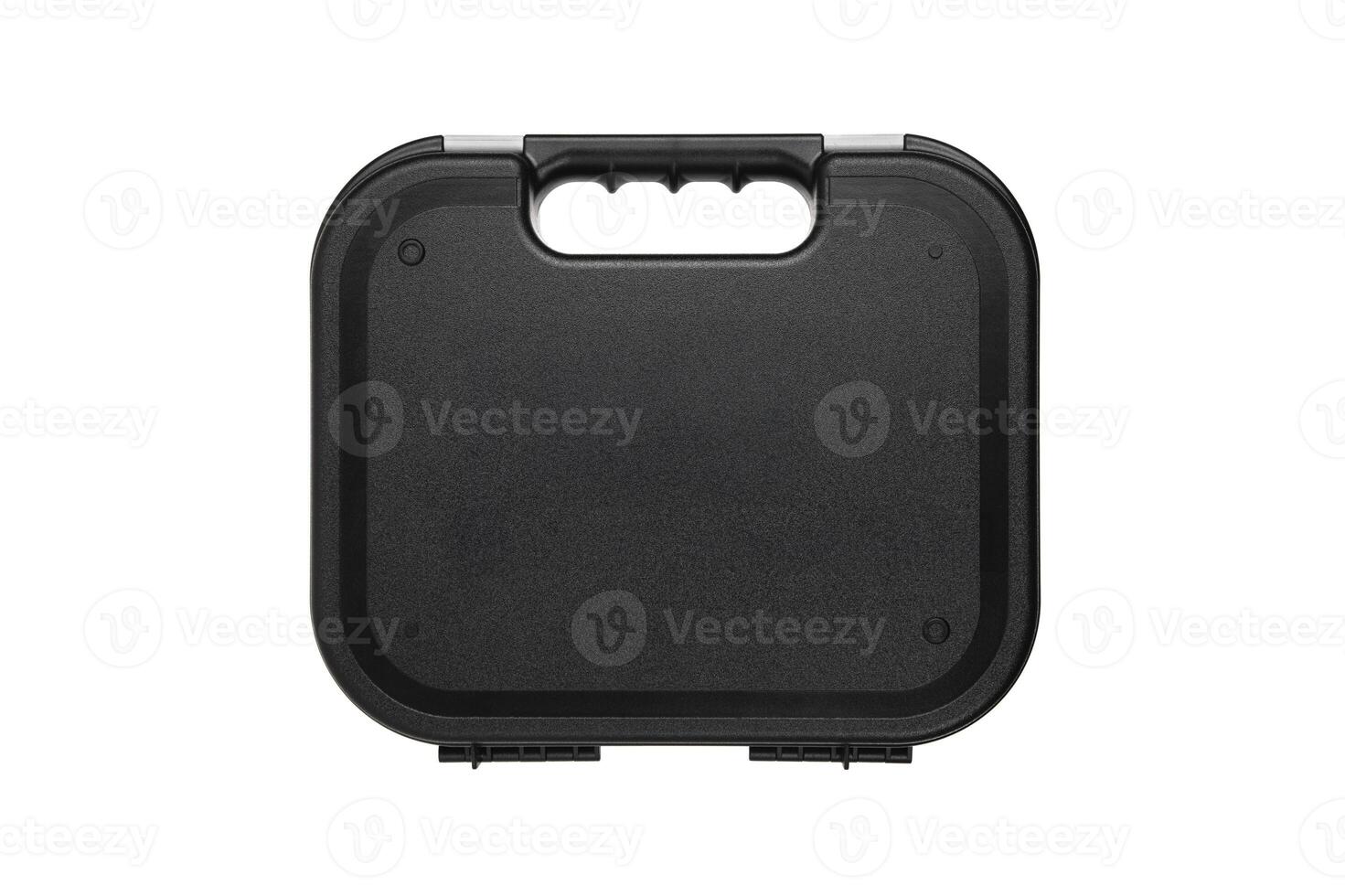 Black plastic container with foam inside for safe storage and transportation of fragile and expensive items. Sturdy plastic case. Isolate on a white back. photo