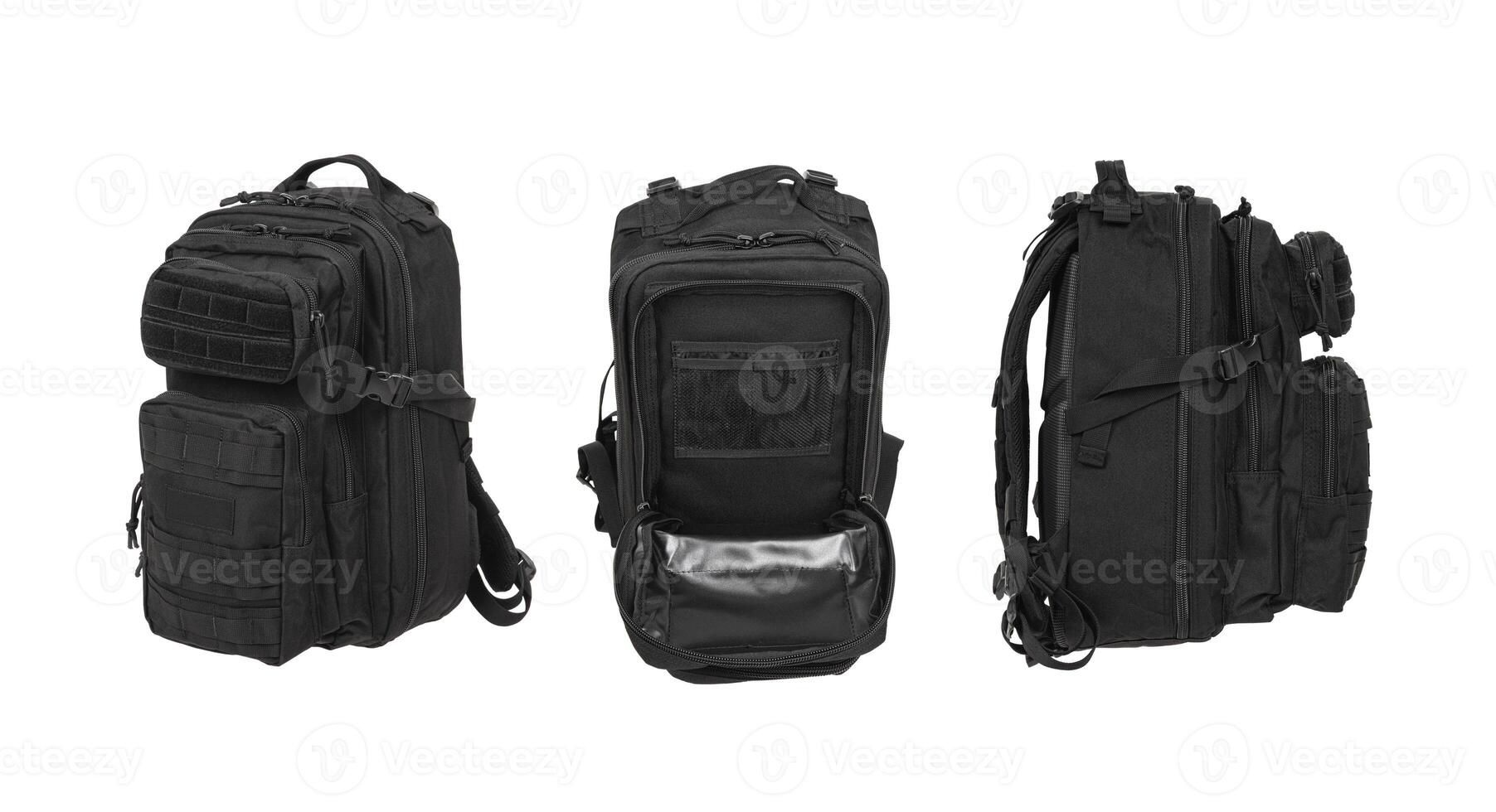 Modern tactical backpack with zippers and additional pockets. Large secure bag. Isolate on a white back. photo