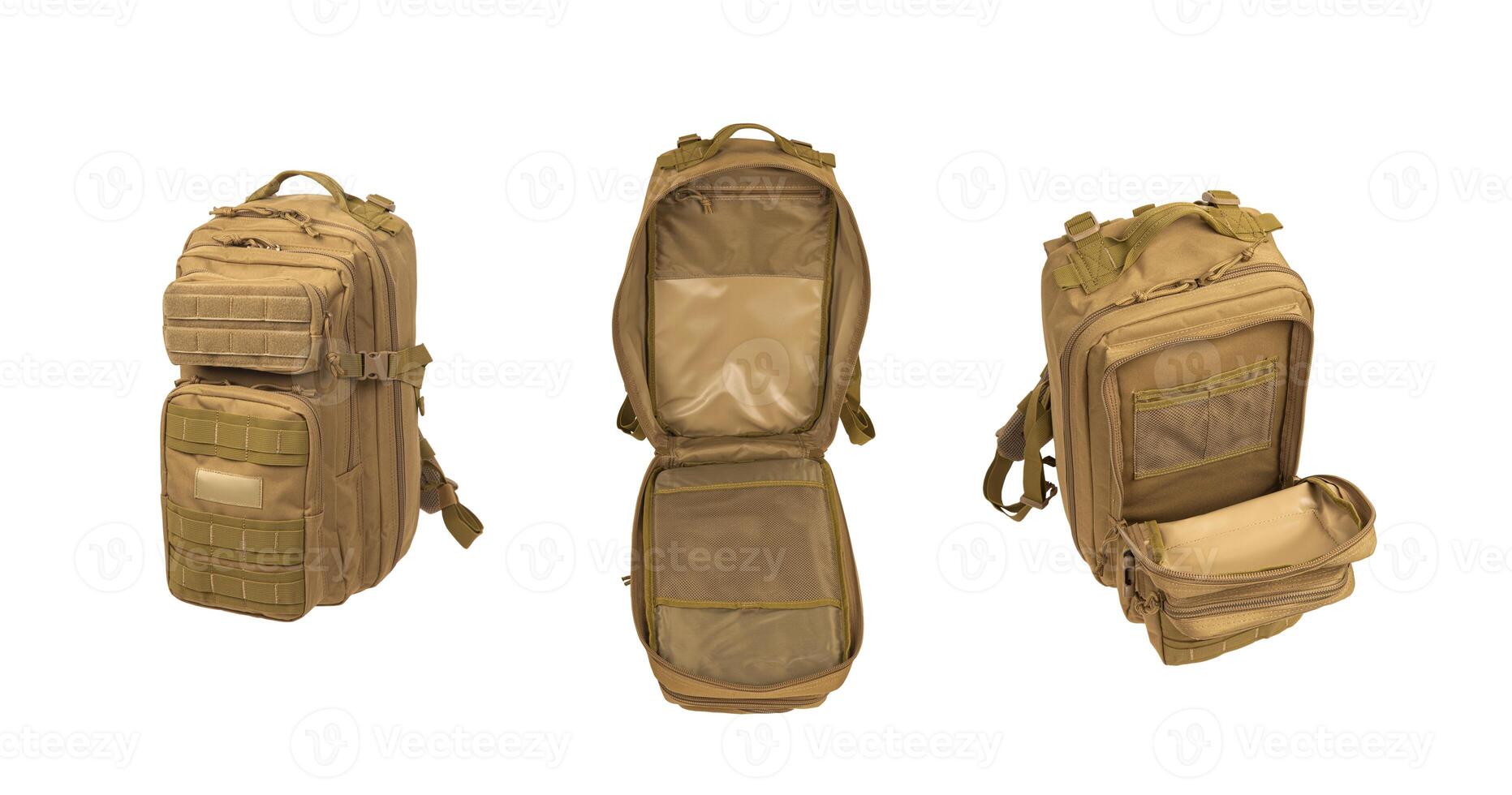 Modern tactical backpack with zippers and additional pockets. Large secure bag. Isolate on a white background. photo