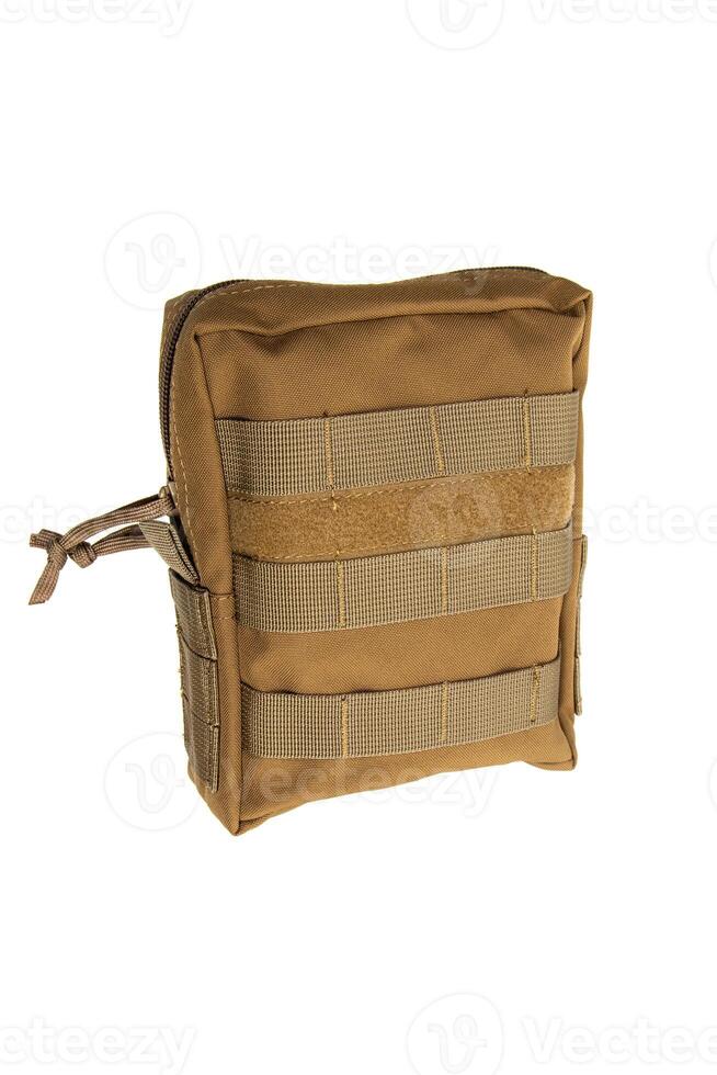 Multifunctional military pouch with zipper in coyote color. Isolate on white back photo