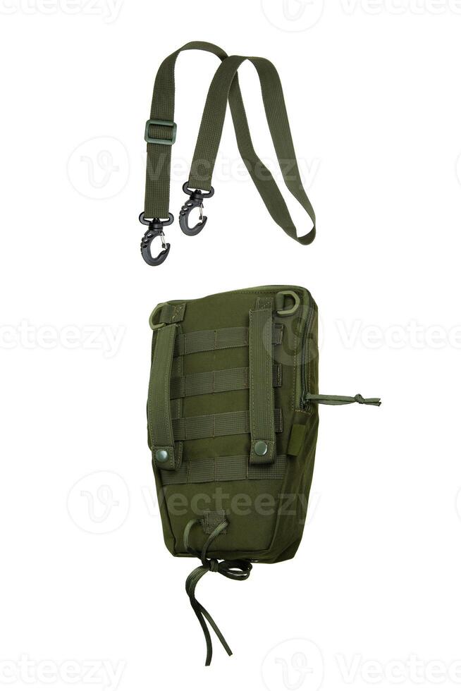 Multifunctional military pouch with zipper in khaki color. Isolate on white back photo