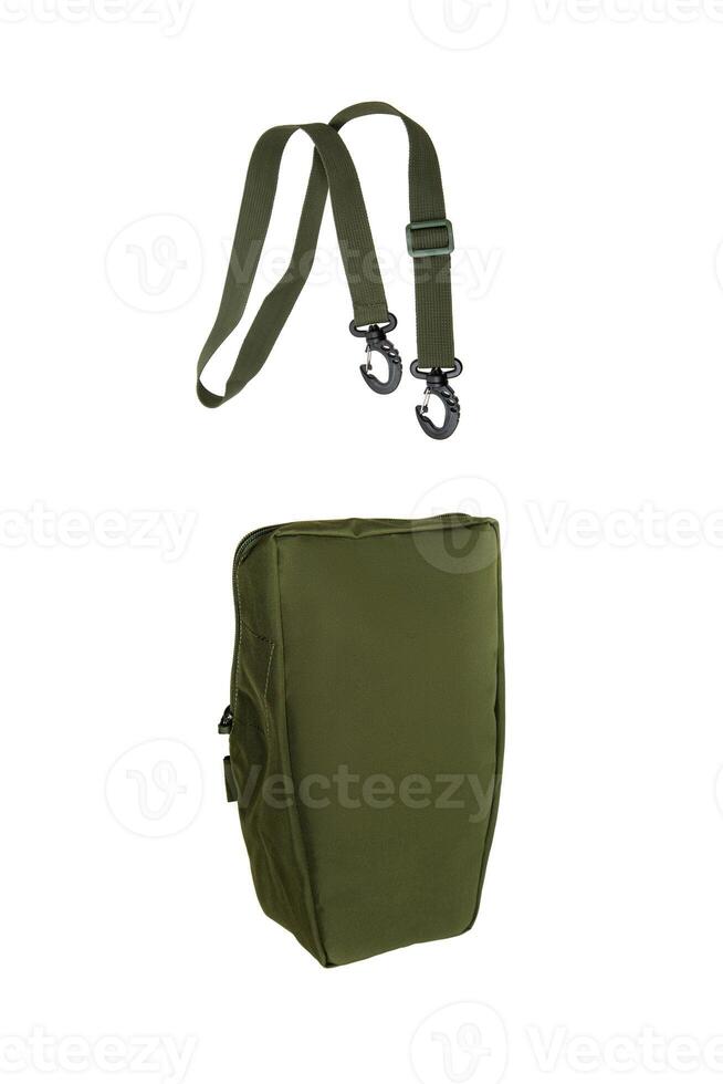 Multifunctional military pouch with zipper in khaki color. Isolate on white back photo