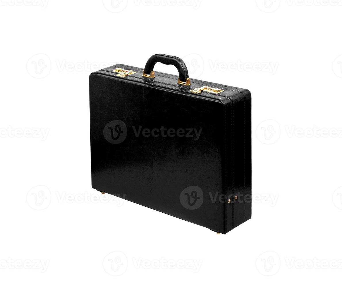 Brown leather suitcase with combination lock and gold locks isolated on white background. Briefcase for important business documents and papers. photo